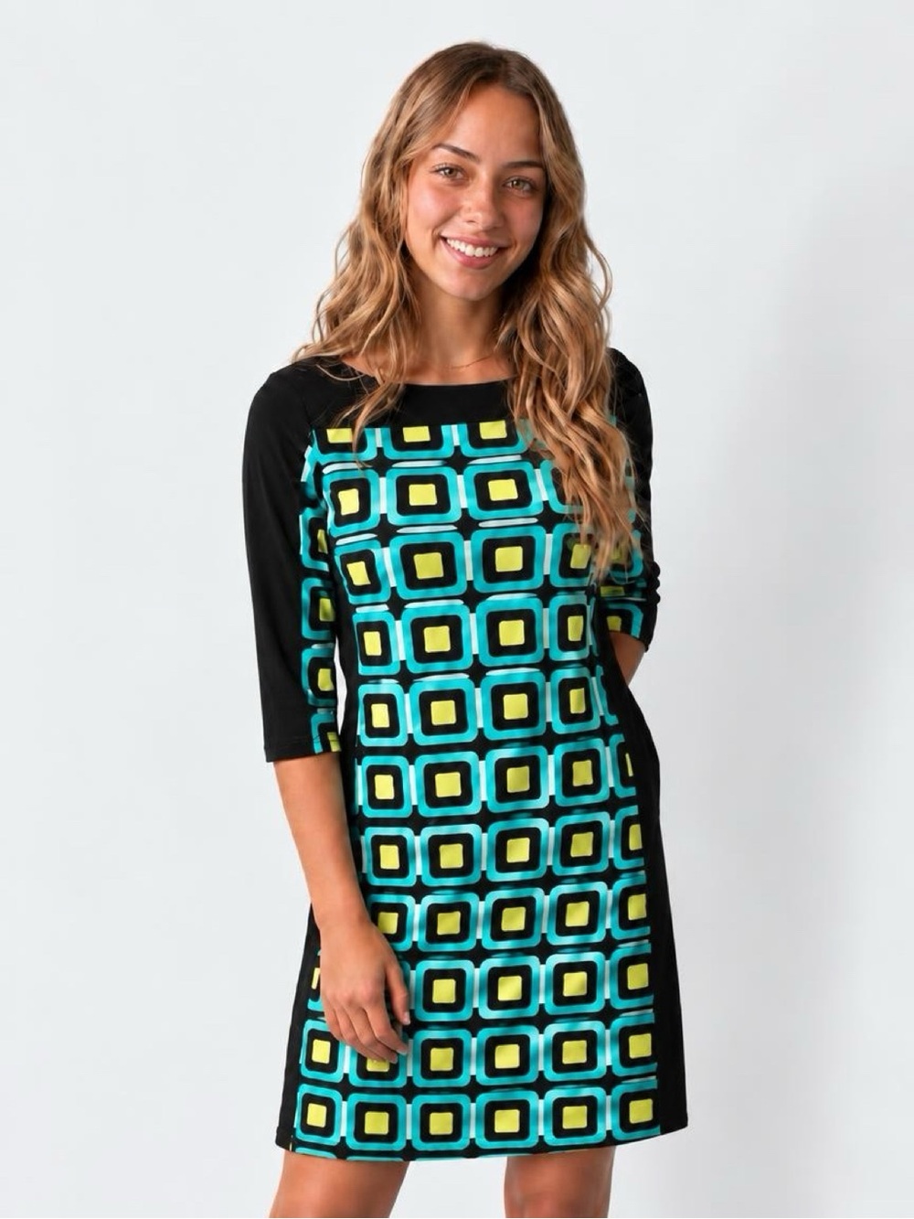 Banana Republic Black, Teal & Lime Geometric Shift Dress